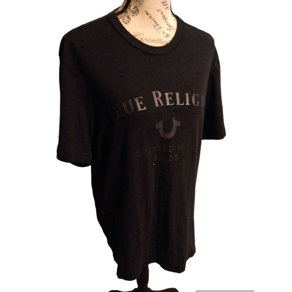 True religion rhinestone Logo Shirt Md Black Y2K Grunge